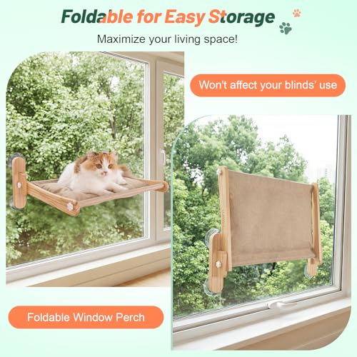 Large Foldable Cat Window Perch - Natural Pine Cat Sill Seat, 50LBS Heavy Duty Cordless Design, Space-Saving No-Scratch Window Hammock for Indoor Cats - size: Large