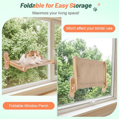 Large Foldable Cat Window Perch - Natural Pine Cat Sill Seat, 50LBS Heavy Duty Cordless Design, Space-Saving No-Scratch Window Hammock for Indoor Cats - size: Large
