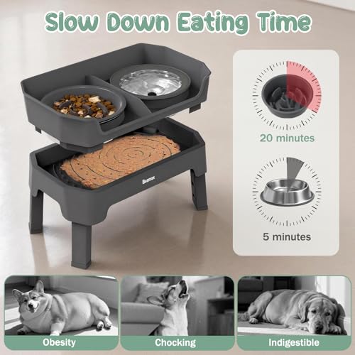 4 in 1 Adjustable Elevated Dog Bowls with 2*Stainless Steel Bowls, Anti-Spill Water Bowl, 4 Heights Raised Dog Bowl Stand for Small to Medium & Growing Large Puppies, Anti-Slip, Mess Proof Design - color: Gray