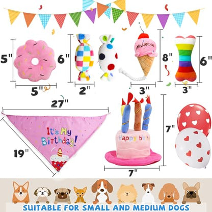 lilfrd Dog Birthday Toys Girl, Squeaky Plush Birthday Cake Hat Bandana, Birthday Gifts for Small & Medium Dog, 9 Pack Pink - style: Pink Birthday Pack