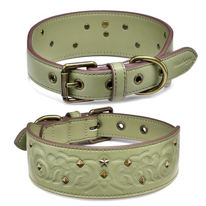 Blueberry Pet Premium Embossed Sage Green Glam Silver-Powered Freshness Microfiber Leather Dog Collar with Antique Brass Studs - color: Sage Green, size: Medium