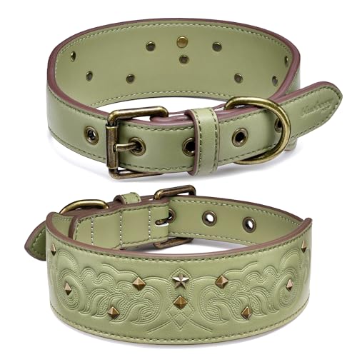 Blueberry Pet Premium Embossed Sage Green Glam Silver-Powered Freshness Microfiber Leather Dog Collar with Antique Brass Studs - color: Sage Green, size: Medium