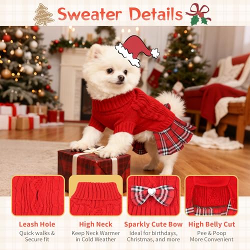 Girl Dog Sweater Dress with Plaid Skirt Turtleneck Pullover Sweaters Warm Knitted Dog Clothes for Birthday New Year Thanksgiving Photo (Red, L) - color: Red, size: Large (15-22lbs)