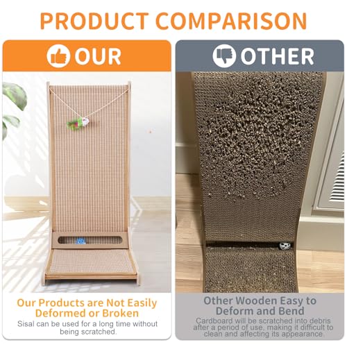 Sisal Cat Scratchers for Indoor Cats, 26.8'' L-Shape Cat Scratching Board, Solid Wooden Cats Scratch Pad with Mouse Toy, Large Cats Scratching Posts to Protect Furniture(Vertical Scratcher) - size: Vertical