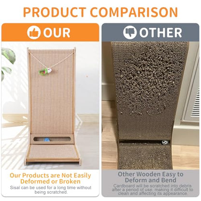 Sisal Cat Scratchers for Indoor Cats, 26.8'' L-Shape Cat Scratching Board, Solid Wooden Cats Scratch Pad with Mouse Toy, Large Cats Scratching Posts to Protect Furniture(Vertical Scratcher) - size: Vertical