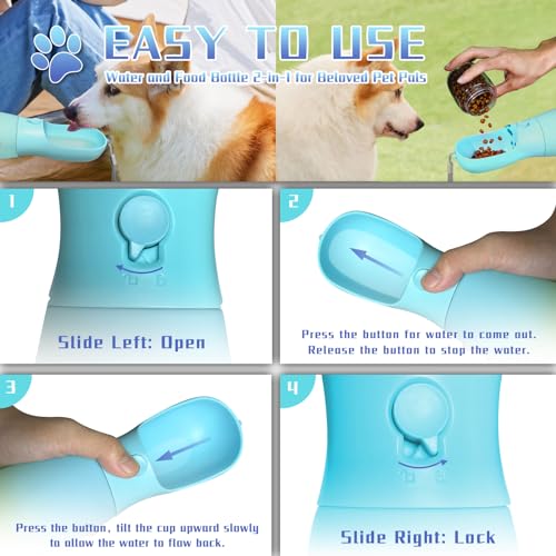 2-in-1 Dog Water Bottle Portable, Food Grade Travel Dog Bowls with Food Container, 19Oz Dog Water Bowl Dispenser, Hiking Essentials, Puppy Stuff Dogs Accessories Girl Boy (Blue)