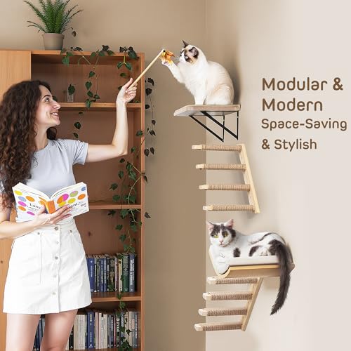 2PCS Wall Cat Tree Shelves, Reversible 4-Step Cat Ladders with Sisal Rope, Mountable Left & Right for Climbing and Scratching - color: 2 Pcs 4 Steps