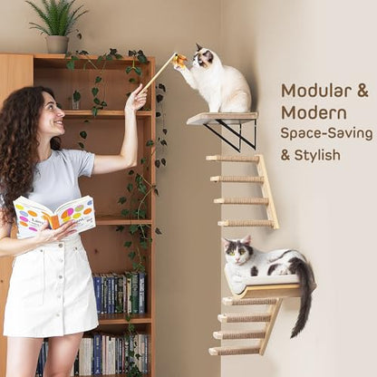 2PCS Wall Cat Tree Shelves, Reversible 4-Step Cat Ladders with Sisal Rope, Mountable Left & Right for Climbing and Scratching - color: 2 Pcs 4 Steps