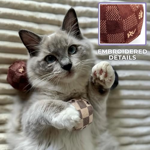 Haute Diggity Kitty Vuiton Checker Balls Set, Plush Cat Toys Catnip Filled with Interactive Crackle Sound, Safe & Durable Toys for Cat & Kitten, 3 Pcs - style: Kitty Vuiton Checker Balls