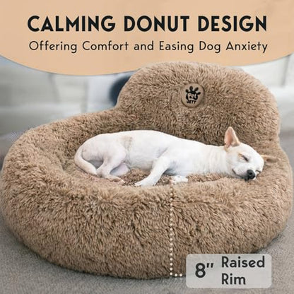 PetJett Calming Medium Dog Bed - 30'' Round Dog Beds - Washable Dog Bed - Anti-Slip Super Soft Fluffy Plush Donut Bed, Anti-Anxiety Premium Comfort Pet Bed, Fits Dogs up to 45 lbs - Beige - color: Beige, size: Medium - 30”L x 30”W x 8”Th
