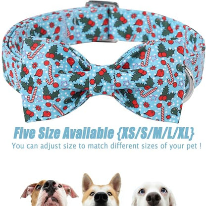 Christmas Dog Collar with Bow Tie - Cute Christmas Cherry & Candy Pattern Blue Puppy Collar, Adjustable Metal Buckle Winter Holiday Bowtie Dog Collars for Small Medium Large Dogs XS - color: B-Blue Xmas Polka Dot, size: XS