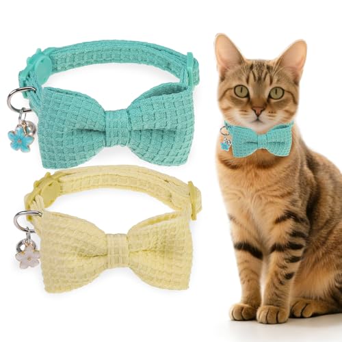 Cat Collar Breakaway with Bells, Soft Cotton Cat Bowtie Collar for Girl Boy Cats, Small Cats Collar with Bow for Spring Summer, 2 Pack Cute Kitten Collars with Removable Bowtie 8-12Inch - color: Green + Beige