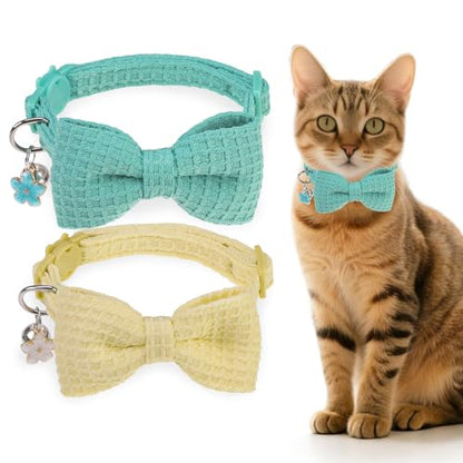 Cat Collar Breakaway with Bells, Soft Cotton Cat Bowtie Collar for Girl Boy Cats, Small Cats Collar with Bow for Spring Summer, 2 Pack Cute Kitten Collars with Removable Bowtie 8-12Inch - color: Green + Beige