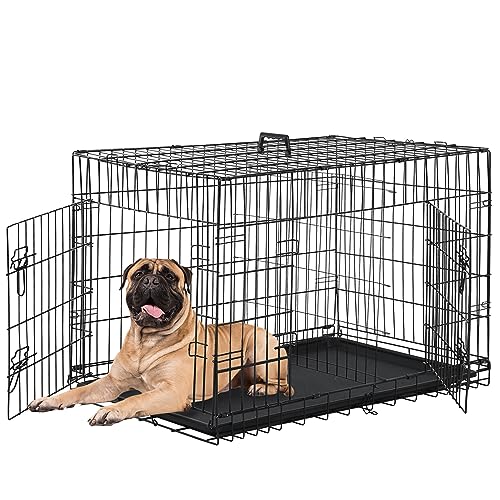 24/7 Shop at Home Gossamer Metal Double Door Folding Wire Pet Crate with Divider, Removable Tray, and Handle for Outdoor and Indoor Medium Dog, 36-inch, Black - size: 36.4"L x 22.6"W x 24.8"H