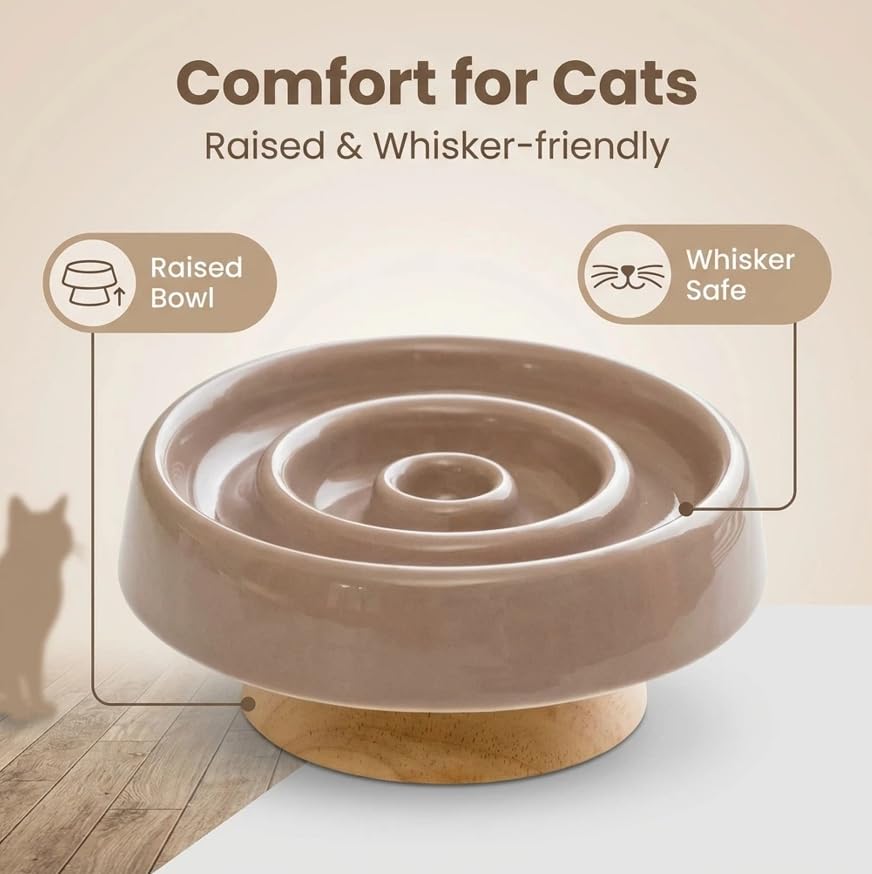 Ceramic Cat Slow Feeder, Raised Slow Feeder Cat Bowl, Anti Vomiting and Whisker Friendly Kitty Dish, Elevated Puppy Kitten Food Bowl for Dry and Wet Food (Brown) - color: Brown