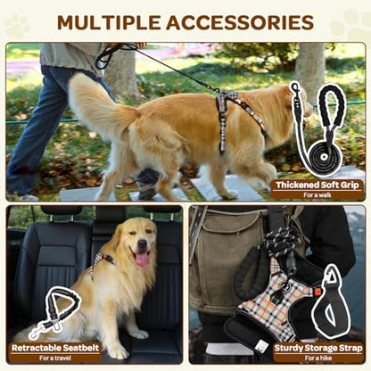 Plaid Dog Harness for Medium Dogs, Reflective No Pull Adjustable Pet Vest with Front Clip, Leash, Easy Control Handle and Seat Belt, Beige&White, M - color: Beige & White, size: Medium