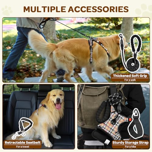 Plaid Dog Harness for Large Dogs, Reflective No Pull Adjustable Pet Vest with Front Clip, Leash, Easy Control Handle and Seat Belt, Beige&White, L - color: Beige & White, size: Large