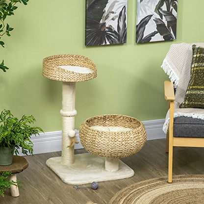 PawHut 28" Elevated Cat Bed with Sisal Scratching Post for Indoor Kitties, Modern Cat Tree with Cute Basket Design, Small Cat Tree with Fun Ball Toy