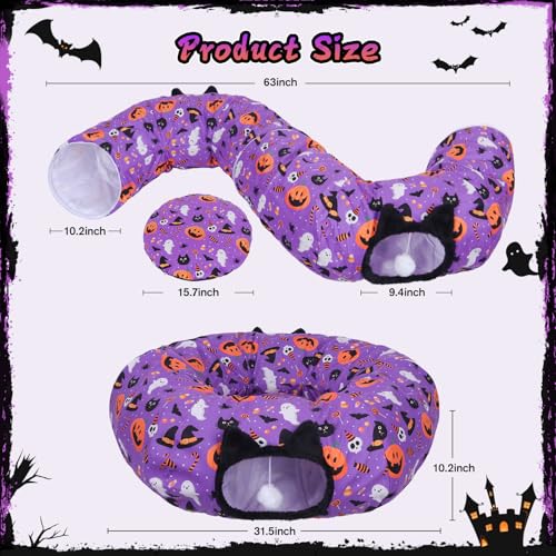Tidjani Cat Tunnel Bed, Cat Tunnels for Indoor Cats, Foldable Pet Donut Bed with Washable Mat and Dangling Balls, Pumpkins Spider Candy Pattern, Purple Pet Tube Toys Gifts for Kitten, Puppy, Rabbit - style: Purple Pumpkin