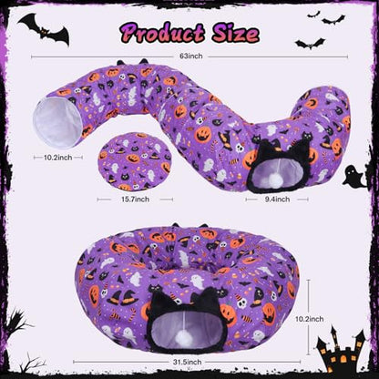 Tidjani Cat Tunnel Bed, Cat Tunnels for Indoor Cats, Foldable Pet Donut Bed with Washable Mat and Dangling Balls, Pumpkins Spider Candy Pattern, Purple Pet Tube Toys Gifts for Kitten, Puppy, Rabbit - style: Purple Pumpkin