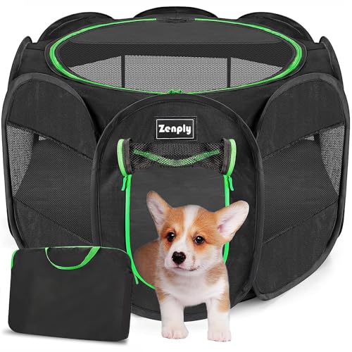 Portable Pet Dog Playpen, Pet Playpen Foldable Extra Heavy Duty Pop Up No Assembly Kennel Tent Crate Indoor Outdoor with Shade Ventilation Mesh for Small Dog, Kitten, Cat, Rabbit (Black) - color: Black