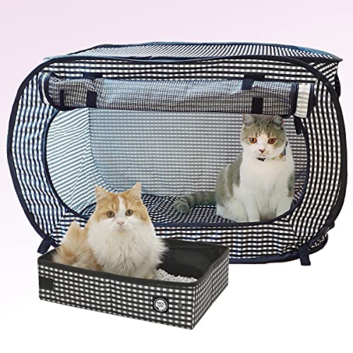 Necoichi Stress-Free Enclosure Cat Travel Carrier Cage 31.8" L x 20.0" W x 20.0" H with Litter Box Set Collapsible Gray White Stripes | Pop up Kannel, Crates - style: Cage+Litter Box