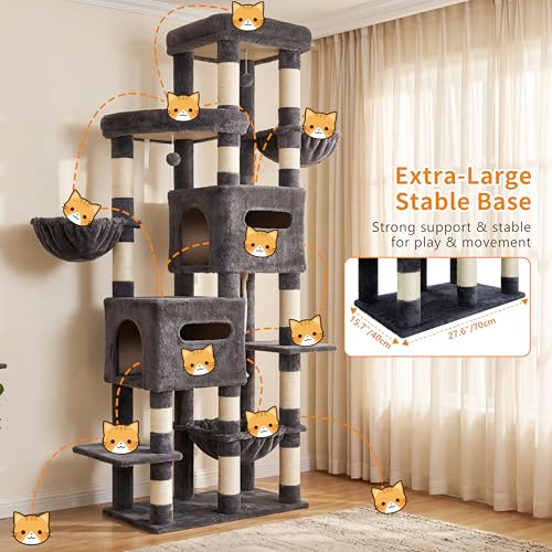 Heybly Cat Tree, 74.8-Inch Spacious & Tall Cat Tower for Large Cats, Cat Furniture with Large Top Perch, Solid Base, 2 Cat Condos, Hanging Hammock, Durable Sisal Scratching Posts, Smoky Gray HCT062G - color: Smoky Gray