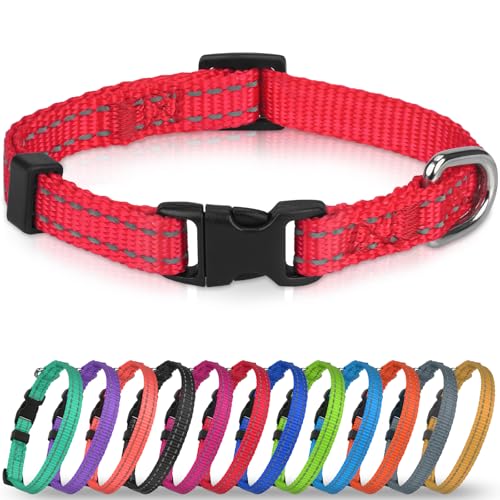 Joytale Puppy Collar, Feather-Light Double-Sided Reflective Nylon Collar for Night Safety, Adjustable Quick-Release for Extra Small Dogs, Red, XS (3/8" Width) - color: Red, size: XS: Width 3/8", Neck 8-12"