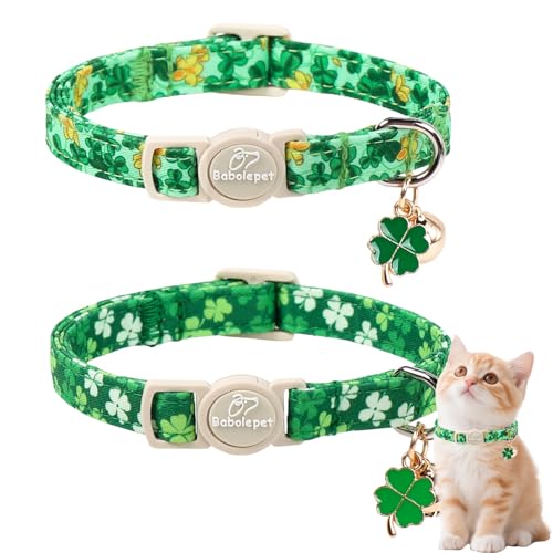 2 Pack St. Patrick’s Day Cat Collars - Breakaway Cat Collar with Bell, Lucky Clover Pendant, Adjustable Cute Green Bold Shamrock Kitten Collars for Boy Girl Cats - color: Bold Lucky Shamrock