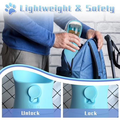 2-in-1 Dog Water Bottle Portable, Food Grade Travel Dog Bowls with Food Container, 19Oz Dog Water Bowl Dispenser, Hiking Essentials, Puppy Stuff Dogs Accessories Girl Boy (Blue)