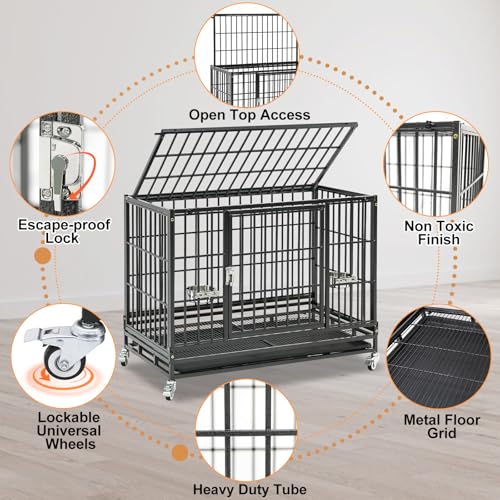 Homey Pet 37 Inch Heavy Duty Dog Crate Indestructible, Collapsible Dog Cage with Lockable Wheels, Removable Tray, High Anxiety Dog Kennel Indoor, Two Tiers Stackable Dog Crates for Medium Dogs - size: 37"L - 2 Tiers