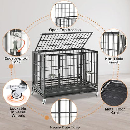 Homey Pet 37 Inch Heavy Duty Dog Crate Indestructible, Collapsible Dog Cage with Lockable Wheels, Removable Tray, High Anxiety Dog Kennel Indoor, Two Tiers Stackable Dog Crates for Medium Dogs - size: 37"L - 2 Tiers