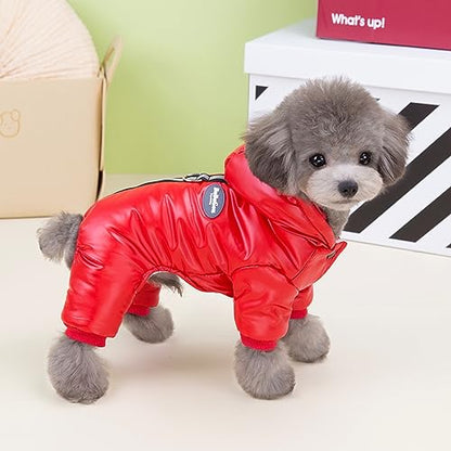 Izefia Dog Coat Windproof Jacket Cold Weather Coats 4 Legs Warm Jumpsuit Winter Thick Clothes Snow Proof Cotton Coat for Small Dog Medium Cat Red XL - color: Red, size: X-Large (Back length: 12.6 inches)