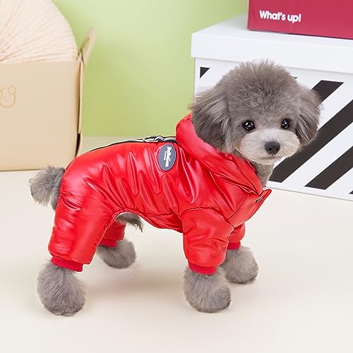 Izefia Dog Coat Windproof Jacket Cold Weather Coats 4 Legs Warm Jumpsuit Winter Thick Clothes Snow Proof Cotton Coat for Small Dog Medium Cat Red M - color: Red, size: Medium (Back length: 8.7 inches)
