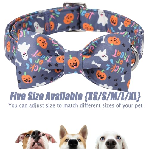 Halloween Dog Collar with Bow Tie - Cute Ghost Pumpkin Halloween Puppy Collar, Adjustable Metal Buckle Holiday Bowtie Dog Collars for Small Medium Large Dogs S - color: B-Navy Ghost Pumpkin, size: S
