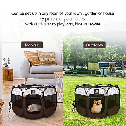 Elevon Portable Pet Playpen, Dog Playpen Outdoor Tent Kennel, Water-Resistant Cat Kitten Playpen with Carrying Case Collapsible Travel Bowl, Foldable Puppy Playpen Crate with Removable Shade Cover - color: Brown