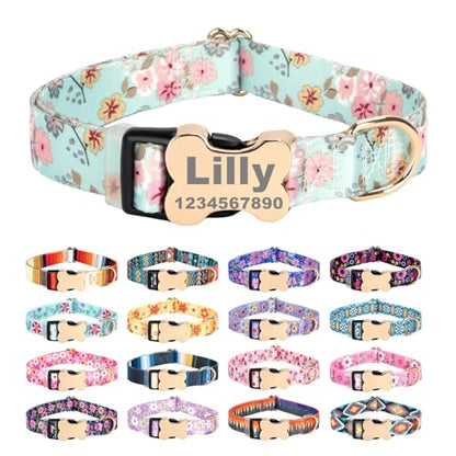 Personalized Custom Customized Silent No Jingle Dog Collar with Engraved ID Dog Name Phone Number/Dog Collars for Puppy X-Small Small Medium Large X-Large Boy Girl Dogs-Lily Flower-XS - color: 2 Lily Flower, size: X-Small (0.6" *7.8"-11.8")