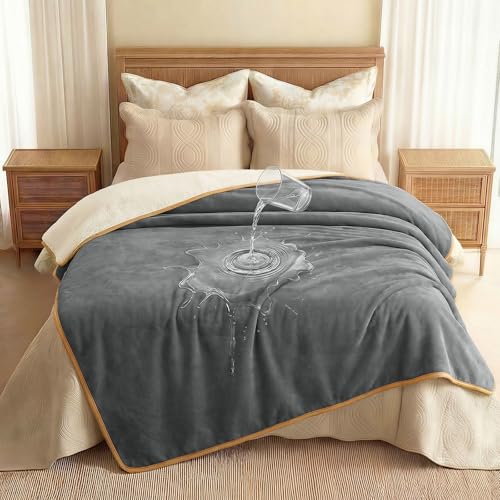 Luciphia Waterproof Blanket for Dog Washable Reversible Sherpa Fleece Throw Blanket for Bed Couch Soft Liquid Pee Proof Furniture Cover Protector for Small Medium Large Pet Cat Grey 65" x 57" - color: Grey+white, size: L (65" x57")