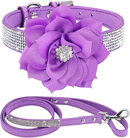 Rhinestone Bling Leather Dog Collar and Leash Set, Cute Dazzling Sparkling Soft Velvet Dog Cat Collar Crystal Diamond Puppy Collar (XXS, Purple) - color: Purple, size: XXS