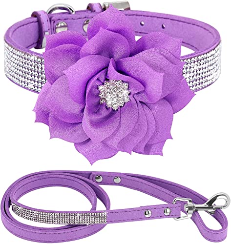Rhinestone Bling Leather Dog Collar and Leash Set, Cute Dazzling Sparkling Soft Velvet Dog Cat Collar Crystal Diamond Puppy Collar (XXS, Purple) - color: Purple, size: XXS