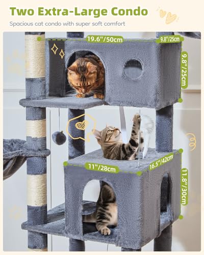 Taoqimiao Cat Tree Tower, 76-Inch Sturdy Cat Tree for Indoor Cats Large Adult Cat Tower with Scratching Posts，2 Condos, 2 Perches, 2 Large Hanging Baskets, Soft Hammock, MS046G Smoke Gray - color: Smoke Gray