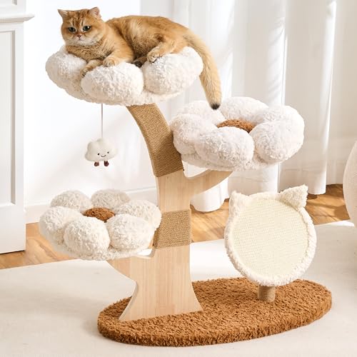 797Audio Flower Cat Tree, 37" Wood Branch Cat Tower, White Cloud Cat Tree with Scratching Post for Indoor Adult Cats, Luxury Cat Tree with Cat Scratch Pad & Interactive Squeaky Hanging Toy - color: White, size: 37"-Scratch Pad