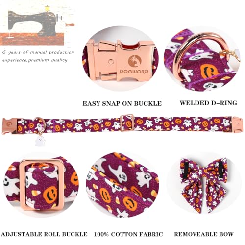 DOGWONG Cotton Fall Dog Collar, Purple Halloween Dog Collar with Bow Cute Purple Pumpkin Dog Collars Puppy Necklace for Female Small Medium Large Dogs - color: deep ghost, size: XS