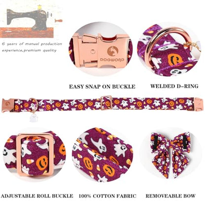 DOGWONG Cotton Fall Dog Collar, Purple Halloween Dog Collar with Bow Cute Purple Pumpkin Dog Collars Puppy Necklace for Female Small Medium Large Dogs - color: deep ghost, size: XS
