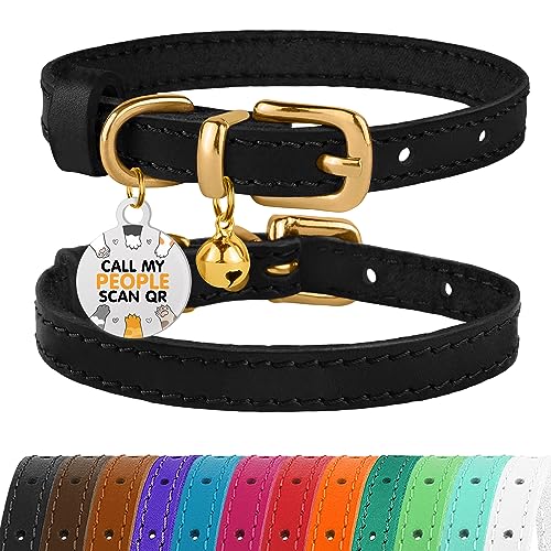 Leather Cat Collar with Removable Bells Non Breakaway Kitten QR Tag for Girl Boy (9" - 12" Cats/Mini Dogs, Black & Gold) - color: Black & Gold, size: 9 - 12 inch