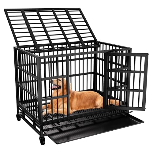 JY QAQA 48/38 Inch Heavy Duty Indestructible Dog Crate Double Doors Escape Proof Cage Kennel,Enhanced Metal Pet Cage,Extra Large XL XXL Crate Indoor for Large Dog with Removable Tray,Lockable Wheels - size: 48.8"x 29.9"x 35.6"(XL)