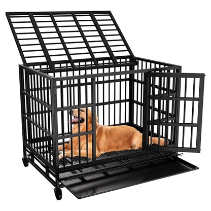 JY QAQA 48/38 Inch Heavy Duty Indestructible Dog Crate Double Doors Escape Proof Cage Kennel,Enhanced Metal Pet Cage,Extra Large XL XXL Crate Indoor for Large Dog with Removable Tray,Lockable Wheels - size: 48.8"x 29.9"x 35.6"(XL)