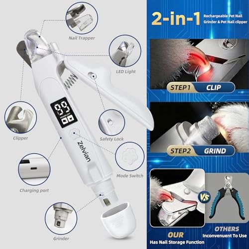 2-in-1 Dog & Cat Nail Clipper and Grinder with LED Light, Low-Noise Electric Pet Nail Trimmer, Safety Lock & Nail Catcher, USB-C Rechargeable, 3 Grinding Ports for Cats & Small to Medium Dogs