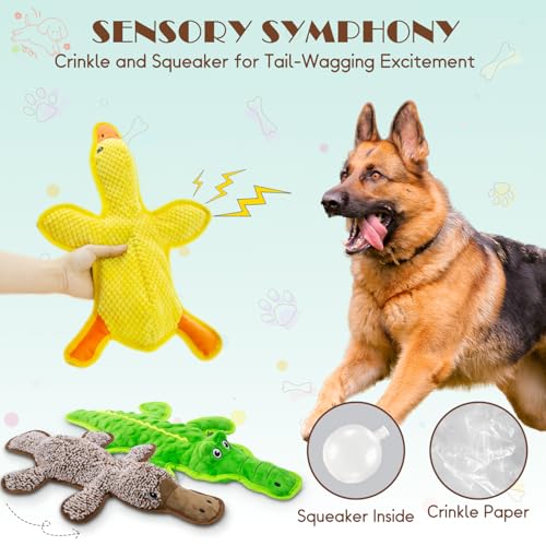 No Stuffing Dog Squeak Toys-3 Pack Chew Toys for Small Medium Large Breed- Durable Puppy Teething Interactive to Keep Them Busy- Best Birthday Gift - color: Yellow&Coffee&Green