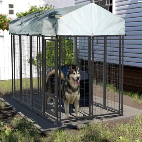 LEMBERI Large Outdoor Dog Kennel 8x4x6 FT, Escape-Proof Dog Run with Double-Latch Gate, Heat-Reflective Sunshade Cover & 2 Stainless Steel Bowls, Heavy Duty Galvanized Steel Dog Cage Enclosure - size: 93.8"L x 50.3"W x 68.8"H